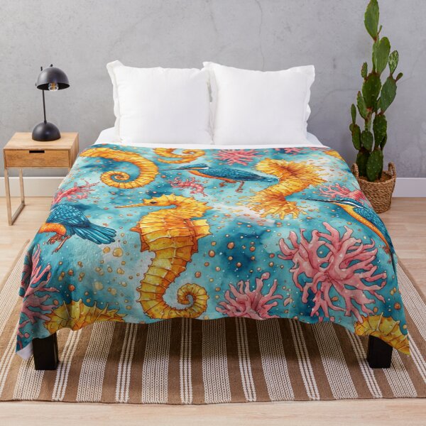 Item preview, Watercolor Coastal Fantasy Golden Seahorses and Blue Kingfishers Pattern designed and sold by dcohea.