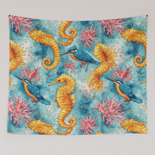 Item preview, Watercolor Coastal Fantasy Golden Seahorses and Blue Kingfishers Pattern designed and sold by dcohea.