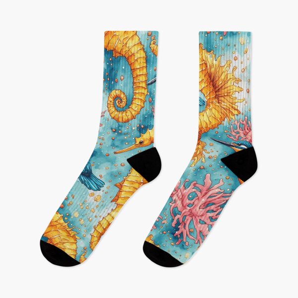 Item preview, Watercolor Coastal Fantasy Golden Seahorses and Blue Kingfishers Pattern designed and sold by dcohea.