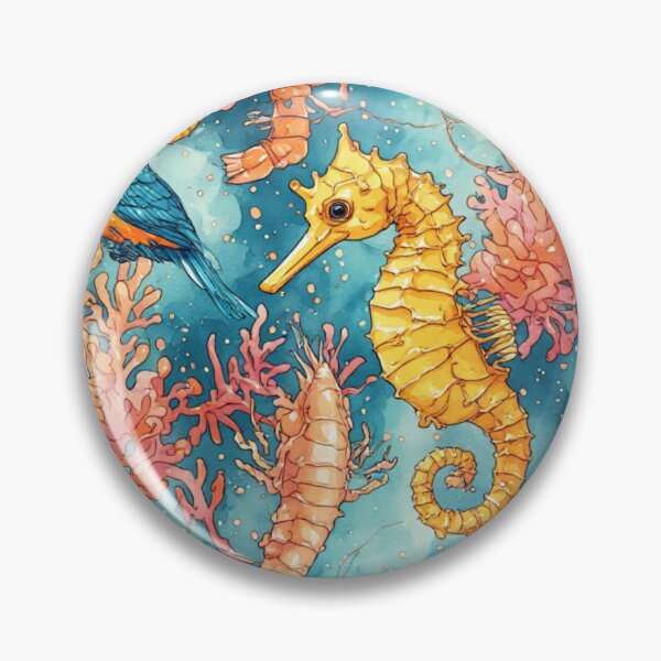 Item preview, Watercolor Coastal Fantasy Golden Seahorses and Blue Kingfishers Pattern designed and sold by dcohea.