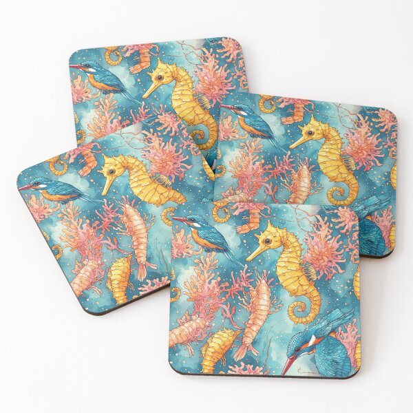 Item preview, Watercolor Coastal Fantasy Golden Seahorses and Blue Kingfishers Pattern designed and sold by dcohea.