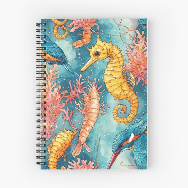Item preview, Watercolor Coastal Fantasy Golden Seahorses and Blue Kingfishers Pattern designed and sold by dcohea.