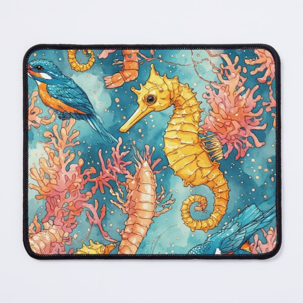 Item preview, Watercolor Coastal Fantasy Golden Seahorses and Blue Kingfishers Pattern designed and sold by dcohea.