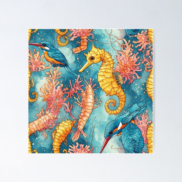 Item preview, Watercolor Coastal Fantasy Golden Seahorses and Blue Kingfishers Pattern designed and sold by dcohea.
