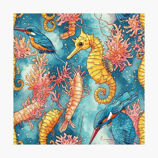 Item preview, Watercolor Coastal Fantasy Golden Seahorses and Blue Kingfishers Pattern designed and sold by dcohea.