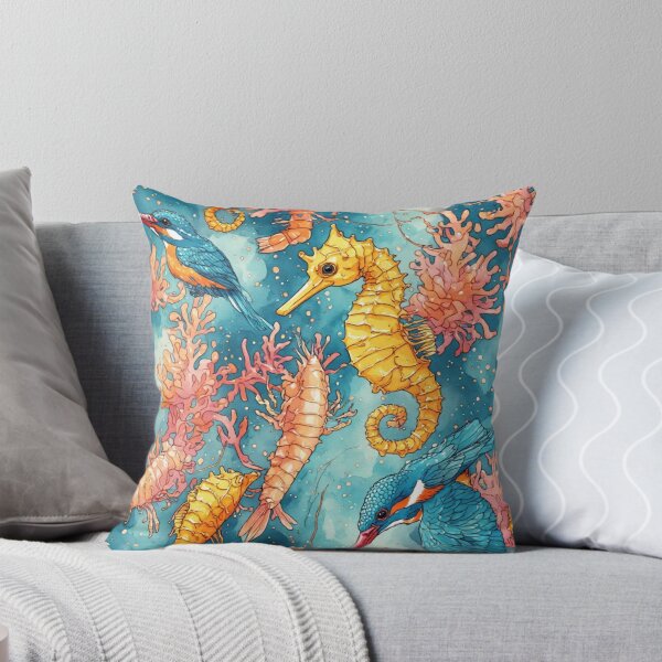 Item preview, Watercolor Coastal Fantasy Golden Seahorses and Blue Kingfishers Pattern designed and sold by dcohea.