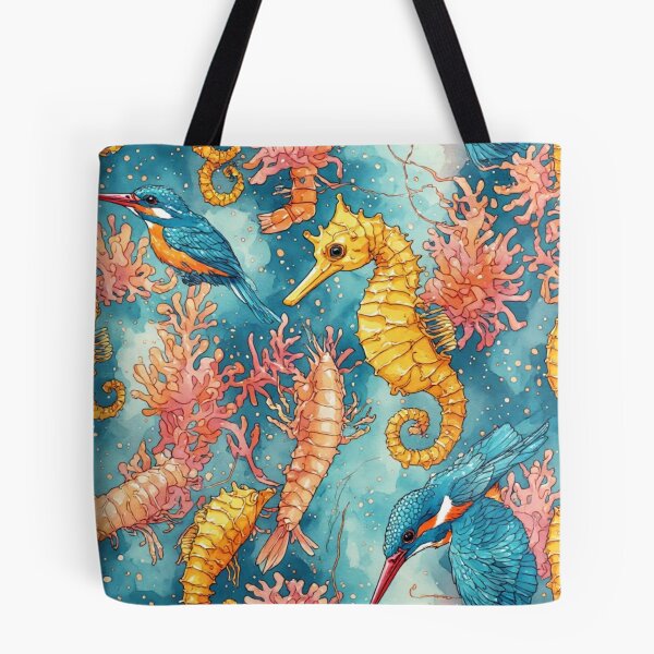 Item preview, Watercolor Coastal Fantasy Golden Seahorses and Blue Kingfishers Pattern designed and sold by dcohea.