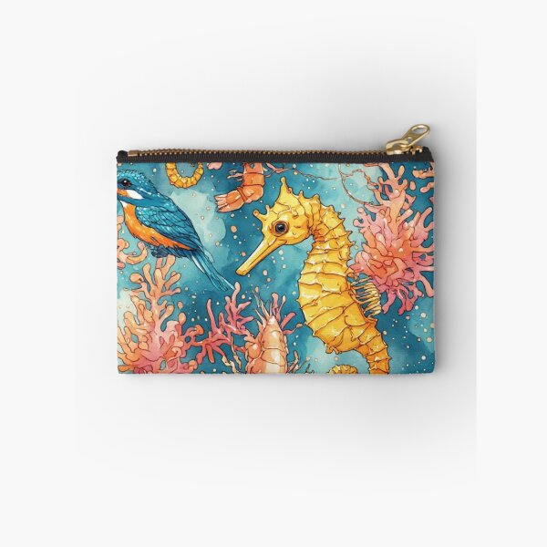 Item preview, Watercolor Coastal Fantasy Golden Seahorses and Blue Kingfishers Pattern designed and sold by dcohea.