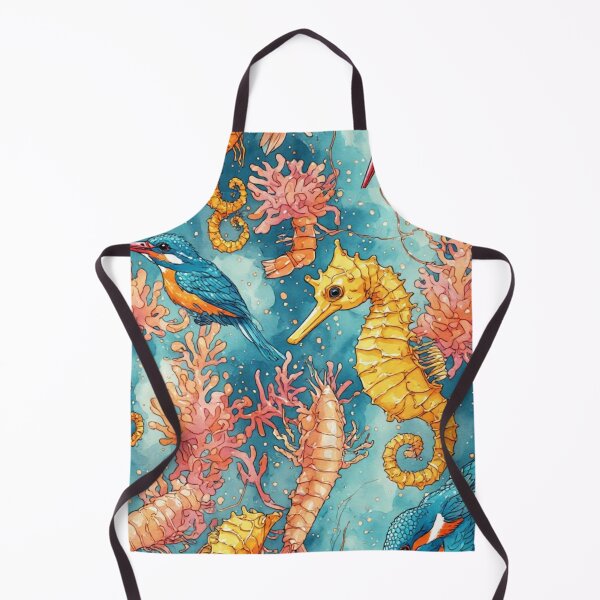 Item preview, Watercolor Coastal Fantasy Golden Seahorses and Blue Kingfishers Pattern designed and sold by dcohea.