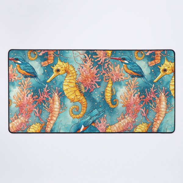 Item preview, Watercolor Coastal Fantasy Golden Seahorses and Blue Kingfishers Pattern designed and sold by dcohea.