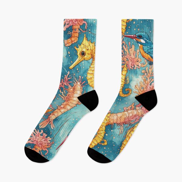 Item preview, Watercolor Coastal Fantasy Golden Seahorses and Blue Kingfishers Pattern designed and sold by dcohea.
