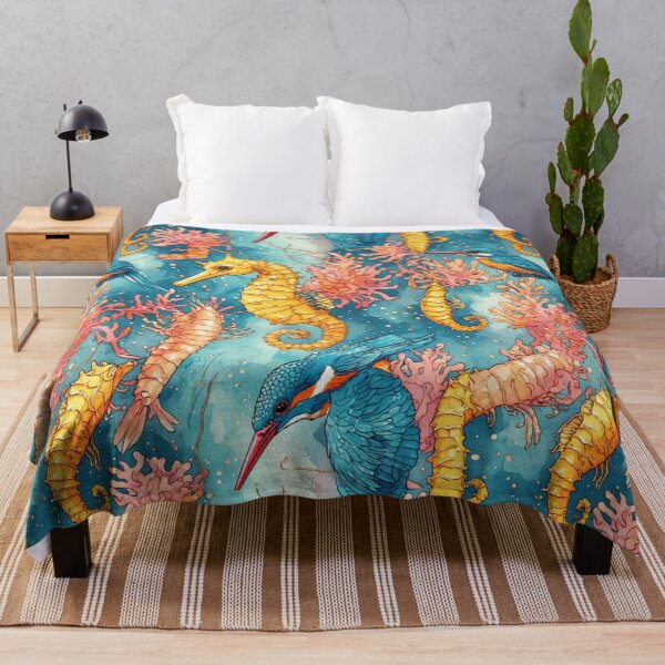Item preview, Watercolor Coastal Fantasy Golden Seahorses and Blue Kingfishers Pattern designed and sold by dcohea.