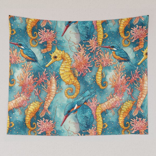 Item preview, Watercolor Coastal Fantasy Golden Seahorses and Blue Kingfishers Pattern designed and sold by dcohea.