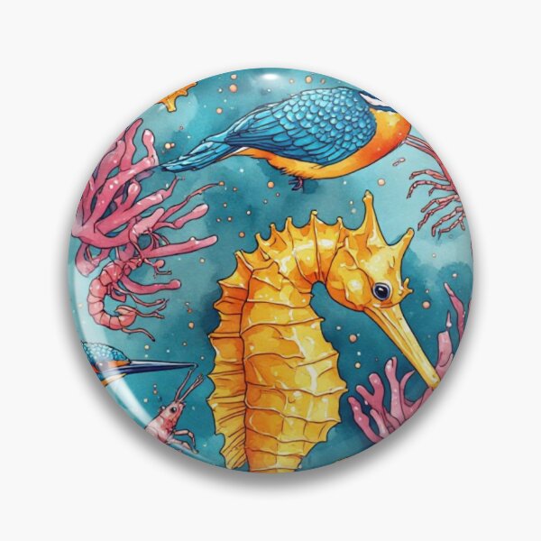 Item preview, Watercolor Coastal Fantasy Golden Seahorses and Blue Kingfishers Pattern designed and sold by dcohea.