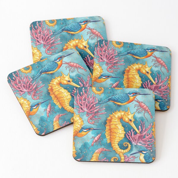 Item preview, Watercolor Coastal Fantasy Golden Seahorses and Blue Kingfishers Pattern designed and sold by dcohea.