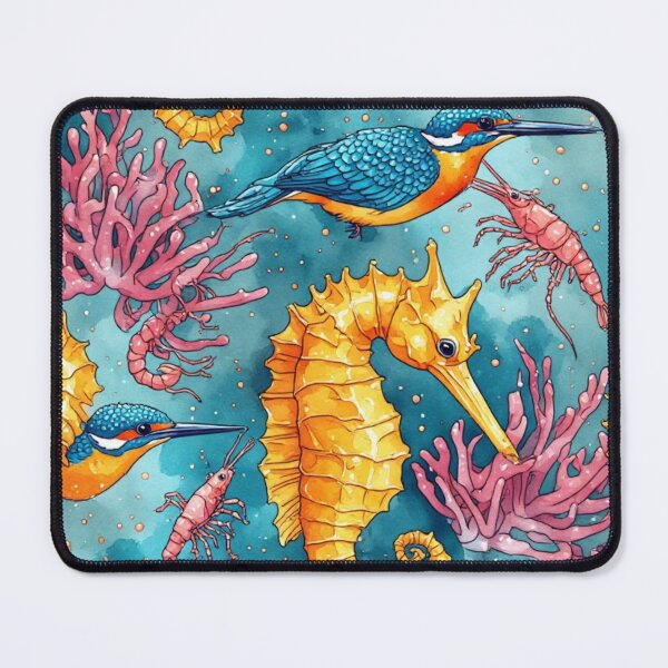 Item preview, Watercolor Coastal Fantasy Golden Seahorses and Blue Kingfishers Pattern designed and sold by dcohea.
