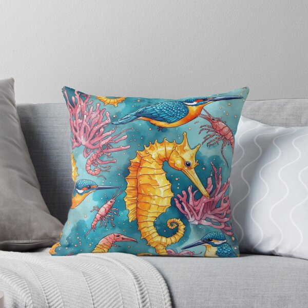 Item preview, Watercolor Coastal Fantasy Golden Seahorses and Blue Kingfishers Pattern designed and sold by dcohea.
