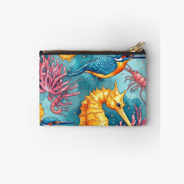 Item preview, Watercolor Coastal Fantasy Golden Seahorses and Blue Kingfishers Pattern designed and sold by dcohea.