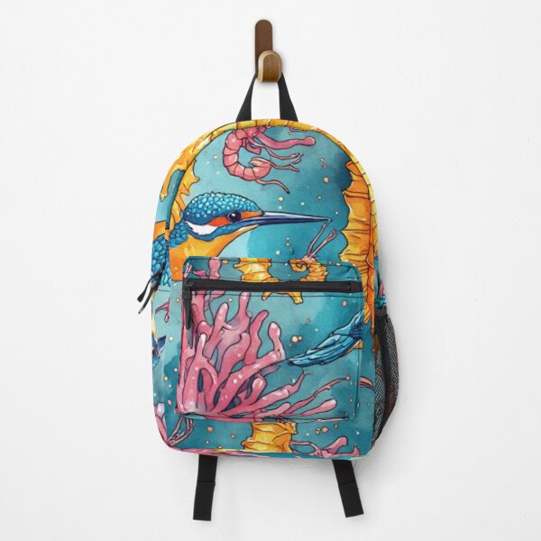 Item preview, Watercolor Coastal Fantasy Golden Seahorses and Blue Kingfishers Pattern designed and sold by dcohea.
