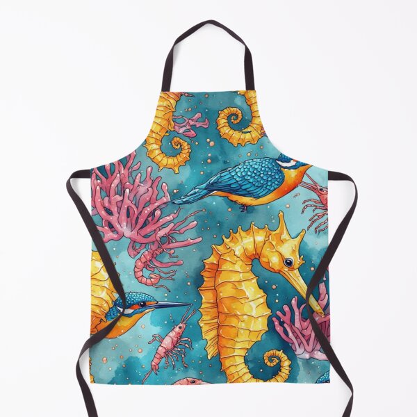 Item preview, Watercolor Coastal Fantasy Golden Seahorses and Blue Kingfishers Pattern designed and sold by dcohea.