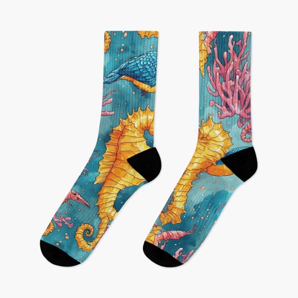 Item preview, Watercolor Coastal Fantasy Golden Seahorses and Blue Kingfishers Pattern designed and sold by dcohea.