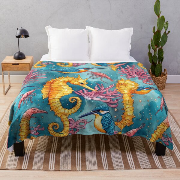 Item preview, Watercolor Coastal Fantasy Golden Seahorses and Blue Kingfishers Pattern designed and sold by dcohea.