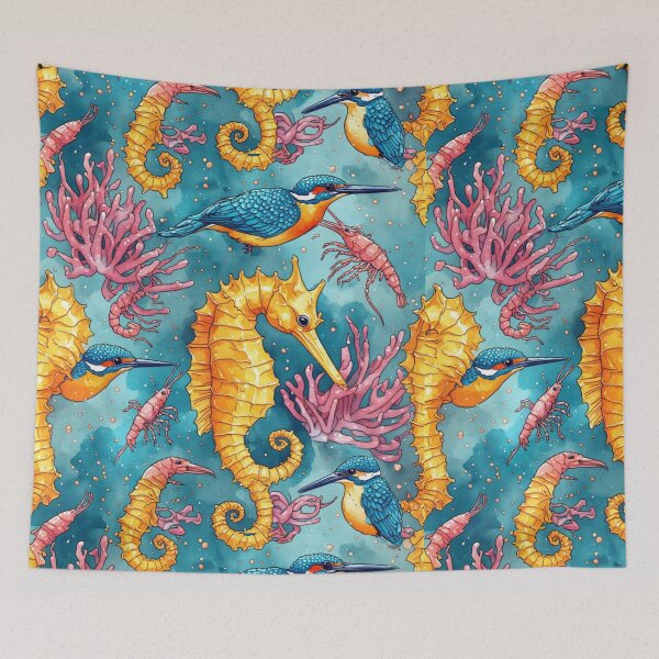 Item preview, Watercolor Coastal Fantasy Golden Seahorses and Blue Kingfishers Pattern designed and sold by dcohea.