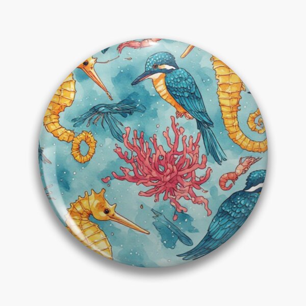 Item preview, Watercolor Coastal Fantasy Golden Seahorses and Blue Kingfishers Pattern designed and sold by dcohea.