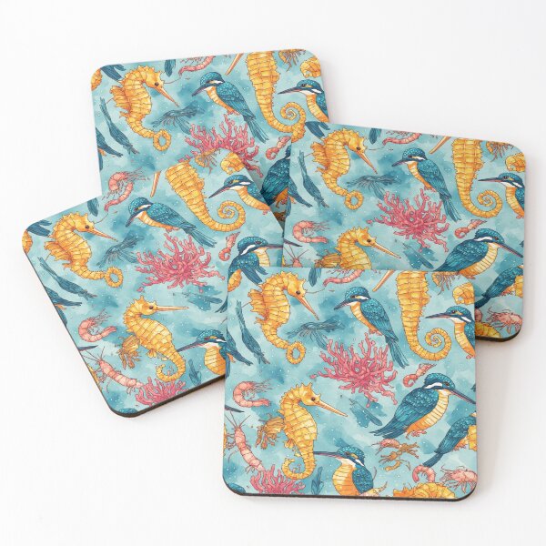 Item preview, Watercolor Coastal Fantasy Golden Seahorses and Blue Kingfishers Pattern designed and sold by dcohea.