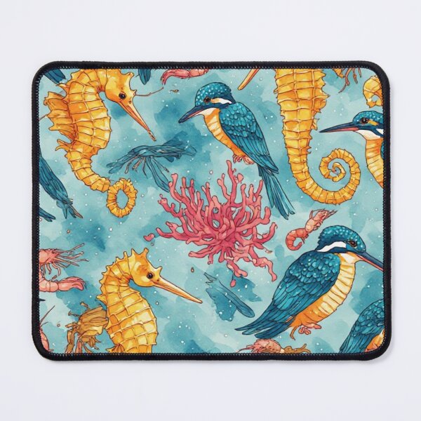 Item preview, Watercolor Coastal Fantasy Golden Seahorses and Blue Kingfishers Pattern designed and sold by dcohea.