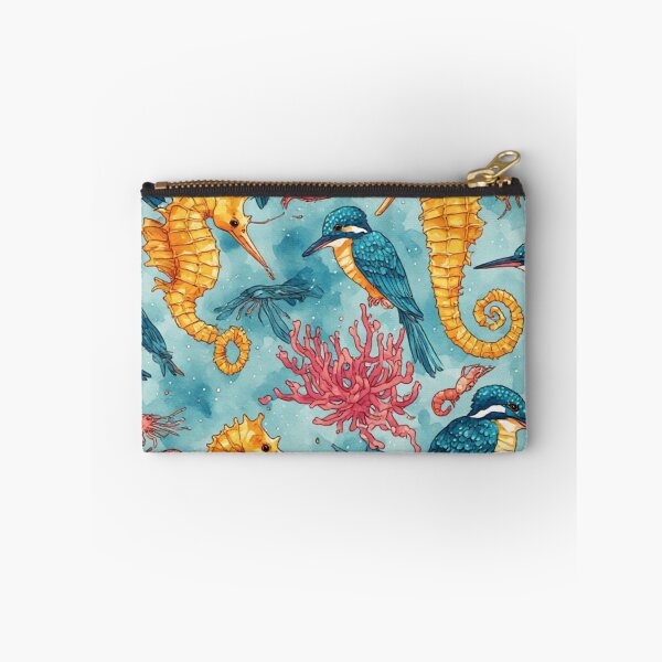 Item preview, Watercolor Coastal Fantasy Golden Seahorses and Blue Kingfishers Pattern designed and sold by dcohea.