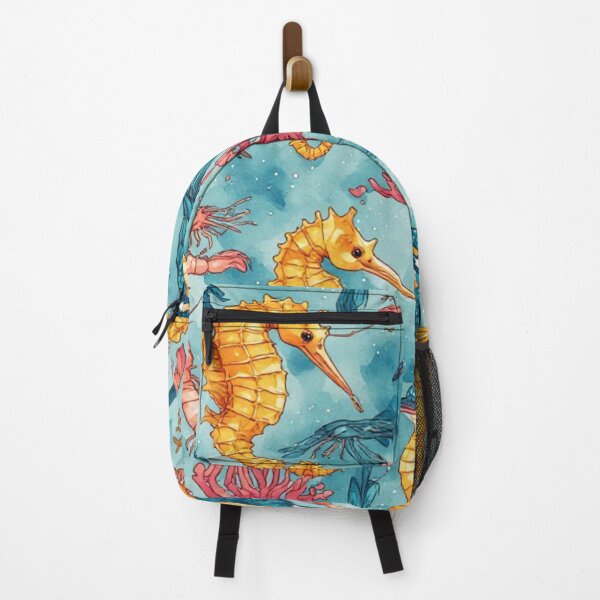 Item preview, Watercolor Coastal Fantasy Golden Seahorses and Blue Kingfishers Pattern designed and sold by dcohea.