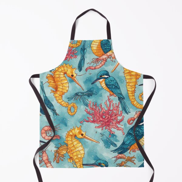Item preview, Watercolor Coastal Fantasy Golden Seahorses and Blue Kingfishers Pattern designed and sold by dcohea.