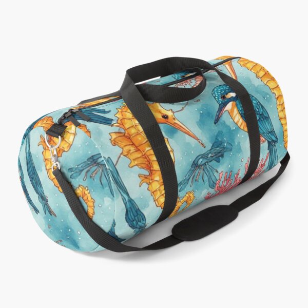 Item preview, Watercolor Coastal Fantasy Golden Seahorses and Blue Kingfishers Pattern designed and sold by dcohea.
