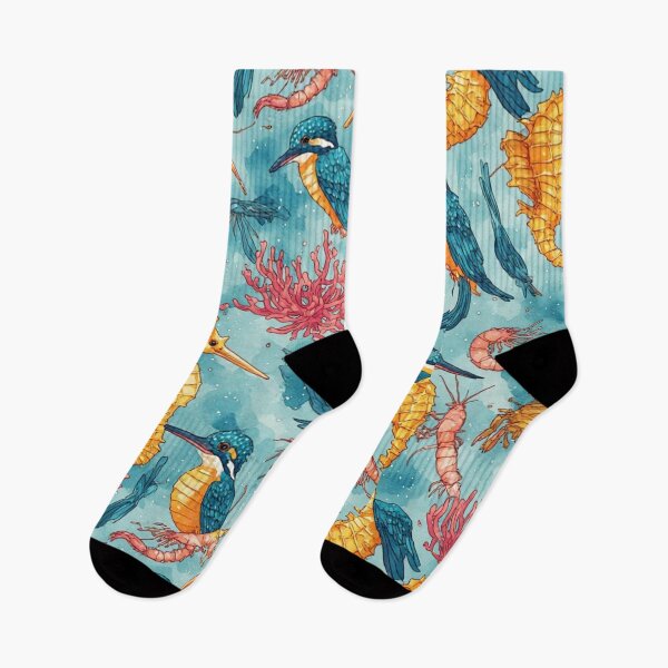 Item preview, Watercolor Coastal Fantasy Golden Seahorses and Blue Kingfishers Pattern designed and sold by dcohea.