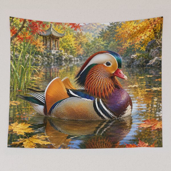 Aperçu de l'œuvre Canard mandarin dans un jardin d'automne créée et vendue par Pixel Junkies Studio.