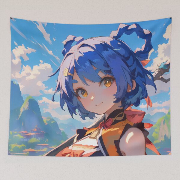 Item preview, Xiangling Genshin Impact Bright Adventure Waifu With Blue Hair designed and sold by Spraykart.