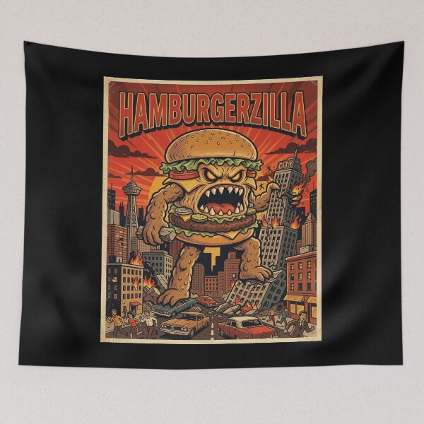 Item preview, Hamburgerzilla Retro Monster Art Funny Giant Burger Destroying City designed and sold by d247.