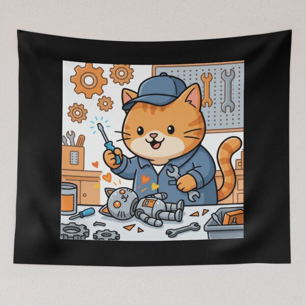 Item preview, Orange Kawaii Cat Mechanic Fixing Robot designed and sold by AbanoubStore.