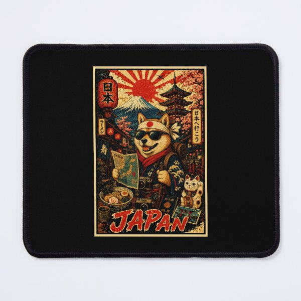 Item preview, Retro Japan Travel Poster with Shiba Explorer and Vintage Cityscape designed and sold by eliramaison.