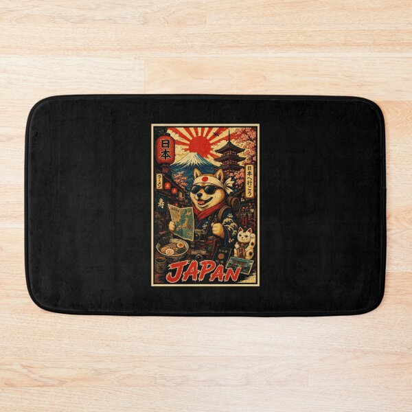 Item preview, Retro Japan Travel Poster with Shiba Explorer and Vintage Cityscape designed and sold by eliramaison.