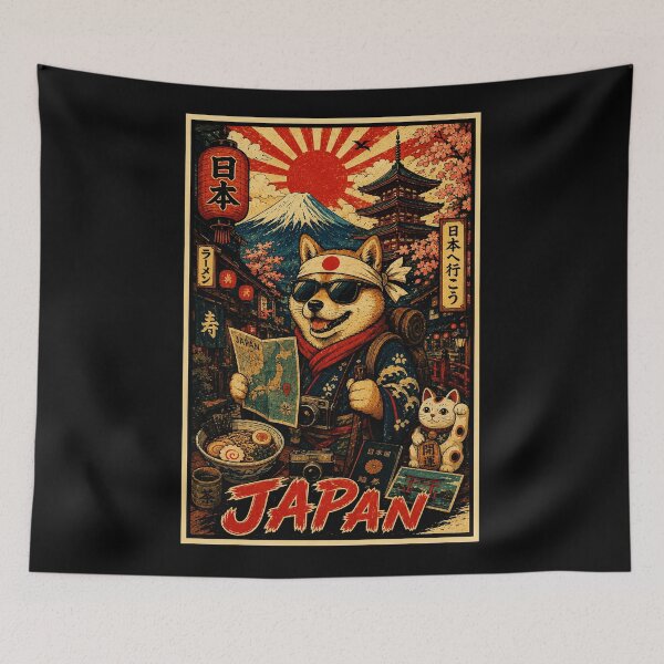Item preview, Retro Japan Travel Poster with Shiba Explorer and Vintage Cityscape designed and sold by eliramaison.