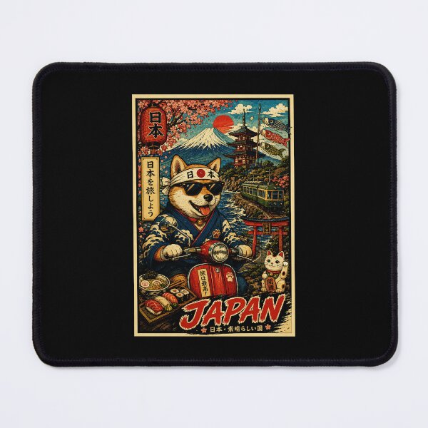 Item preview, Retro Japan Adventure Poster with Shiba Rider and Scenic Landmarks designed and sold by eliramaison.