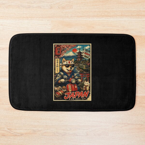 Item preview, Retro Japan Adventure Poster with Shiba Rider and Scenic Landmarks designed and sold by eliramaison.