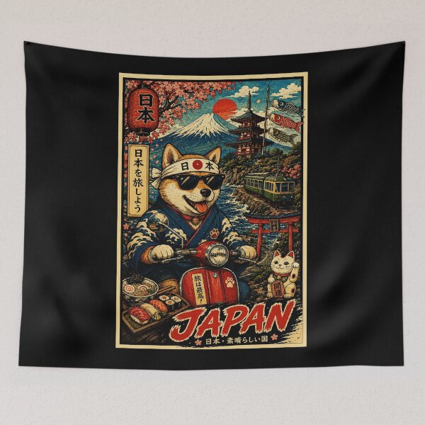Item preview, Retro Japan Adventure Poster with Shiba Rider and Scenic Landmarks designed and sold by eliramaison.