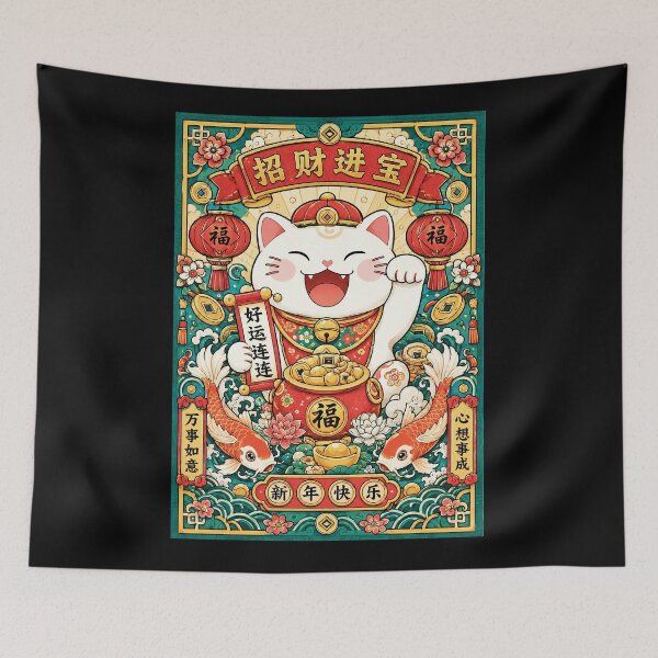 Item preview, Lucky Cat Lunar New Year Poster With Colorful Vintage Asian Style designed and sold by eliramaison.