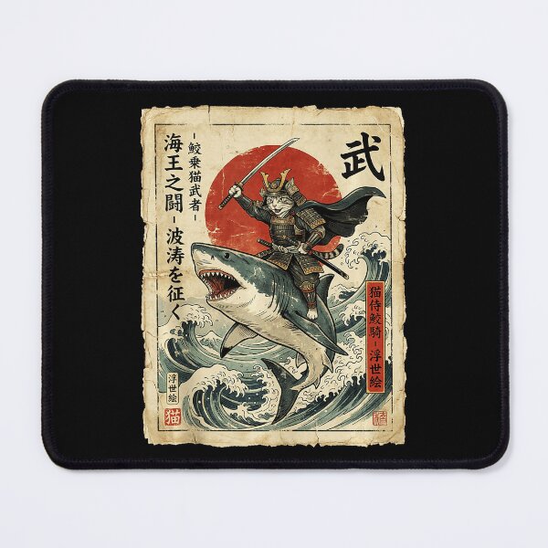 Item preview, Samurai Cat Riding Shark Through Great Wave Vintage Japanese designed and sold by titanlevi.