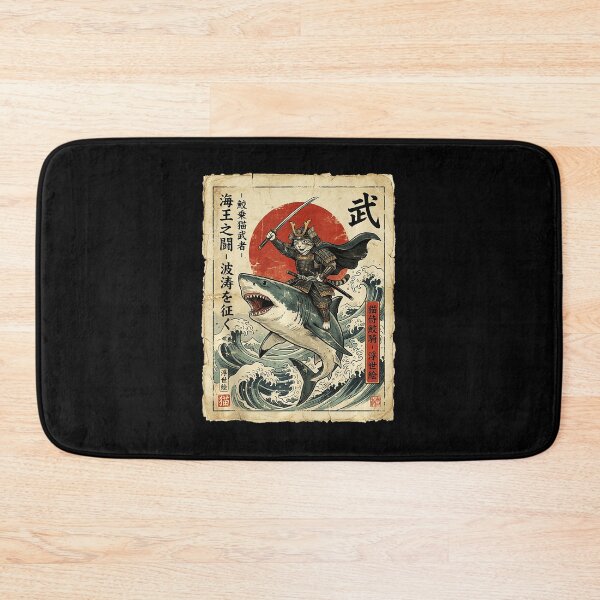 Item preview, Samurai Cat Riding Shark Through Great Wave Vintage Japanese designed and sold by titanlevi.