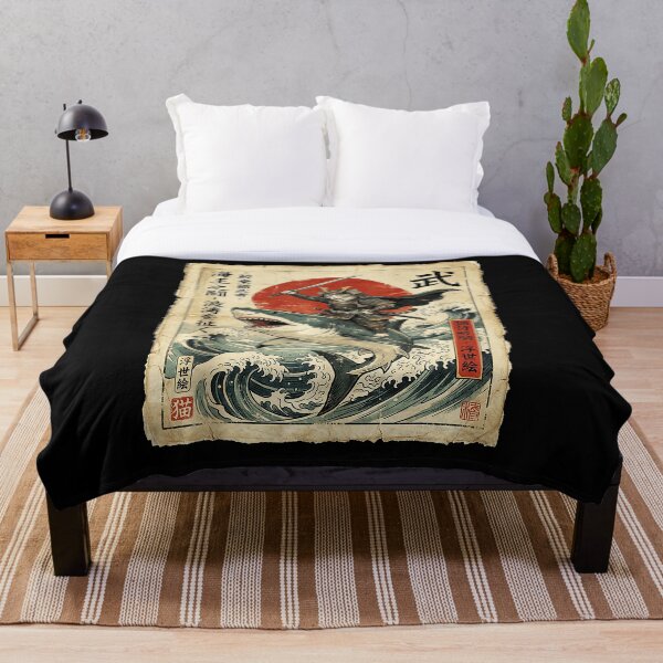 Item preview, Samurai Cat Riding Shark Through Great Wave Vintage Japanese designed and sold by titanlevi.
