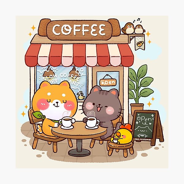 Item preview, Slow Coffee Happy Heart – Cute Shiba Inu Coffee Shop Illustration designed and sold by NasDoodleArt.